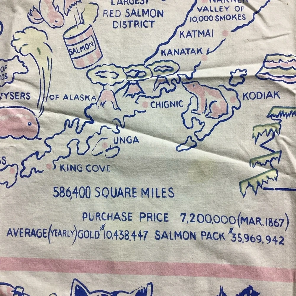 Vintage Alaska state 1950s MCM cotton tablecloth